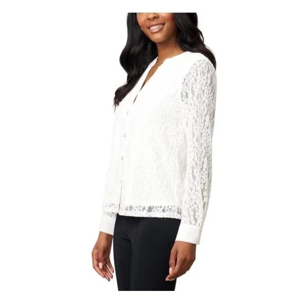 Cable & Gauge Lace Blouse Whisper White Women's XS Button Front Long Sleeve Top